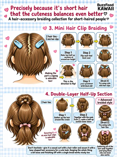 LONG_CAPTION:
This infographic is titled "Precisely because it's short hair that the cuteness balances even better♡ A hair-accessory braiding collection for short-haired people♡," with the "BuzzFeed KAWAII" brand logo in the upper-right corner, set on an overall light blue-and-white gingham background in a soft, cute illustration style. The content is divided into two major braiding tutorial sections, each with a large hairstyle illustration on the left and step-by-step instructions with detail annotations on the right.
[Top Title Area]
Main title: "Precisely because it's short hair that the cuteness balances even better♡ A hair-accessory braiding collection for short-haired people♡"
Visual elements: pink heart symbols, handwritten-style lettering, light blue gingham background
[3. Mini Hair Clip Braiding Section]
Left main image: brown short hair seen from the back of the head, each side of the crown secured with a light blue mini hair clip, labeled "2 hair ties · 2 mini hair clips"
Right step-by-step instructions (with 6 sub-images):
Step 1: "Make two half-up sections at around ear height" (with a diagram of the half-up sections on both sides)
Step 2: "Flip each tied knot over" (with a yellow-arrow motion diagram of the flipped knots)
Step 3: "Clip on your favorite mini hair clips and it's done!" (with an image of the finished style)
Additional notes:
"Making the part a zigzag is adorable too!"
"This is the direction to flip!" (with an arrow diagram)
[Braid 1] "Increase the number of knots"
[Braid 2] "Try using cute hair ties"
[4. Double-Layer Half-Up Section]
Left main image: brown short hair in a high ponytail, labeled "2 hair ties"
Right step-by-step instructions (with 5 sub-images):
Step 1: "Gather up the hair around the crown" (with a diagram of gathering the hair at the top of the head)
Step 2: "Together with the ends from ①, make a half-up section lower down" (with a diagram of the double-layer half-up structure)
Additional notes:
"Securing it with mini hair clips is adorable too!"
"+ Advanced braided style" (added annotation)
"Don't hesitate—give it a casual curl with a hair roller and secure it with a bow-shaped hair accessory for a cute look. Keeping the whole thing a bit loose and finishing off with a single braid works nicely too"
"Gathering all of the hair ends together and tying them into one knot also works" (technical note)
[Visual Design Features]
Color scheme: light brown hair paired with blue/pink hair accessories; step instruction boxes use pale blue rounded rectangles
Image-text layout: every step comes with a 3D-effect hairstyle diagram, with key operation points marked by yellow arrows/circles
Text details: numeric labels are precise down to concrete quantifiers such as "2"
Consistent style: all character illustrations use chibi head proportions with soft hair-strand lines, emphasizing the "cuteness" theme