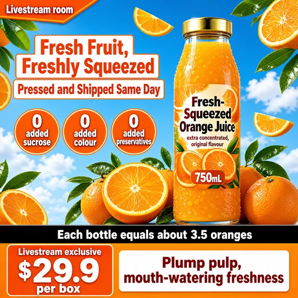 [Format]
Professional e-commerce product main image, square 1:1, sunny fresh-juice retail advertising style with a bright orchard-blue palette.

[Colors]
A blue sky with puffy white clouds and fresh orange slices, green leaves framing the corners; the tall bottle glows vivid orange; white headline blocks with orange outlines; orange pills and a black-to-orange bottom zone. A small orange corner ribbon at the top-left. No frame border.

[Layout]
An orange corner ribbon top-left. The two-line headline sits upper left on white outline blocks. Three orange circles with white text run beneath. The tall juice bottle stands centre-right with a cut orange at its base and whole oranges below. A black strip above the bottom holds a white equivalence line; the bottom edge has a price card on the left and an orange benefit band on the right.

[Subject]
A tall clear glass bottle filled with pulpy bright-orange juice, a gold cap, an orange label reading "Fresh-Squeezed Orange Juice, extra concentrated, original flavour, 750mL" with orange artwork; a juicy cut orange half and dewy whole oranges with leaves at the base; sunny daylight.

[Headline]
White outline blocks: "Fresh Fruit, Freshly Squeezed" and "Pressed and Shipped Same Day" in bold orange characters. Three orange circles: "0 added sucrose", "0 added colour", "0 added preservatives". Black strip: "Each bottle equals about 3.5 oranges" in white. Price card: "Livestream exclusive $29.9 per box" with "$29.9" huge in white on orange. Orange band: "Plump pulp, mouth-watering freshness" in dark red on white.

[Badges]
Orange "Livestream room" corner ribbon top-left.

[Mood]
Sunny, juicy and freshly pressed; orchard-blue sky with vivid orange pulp, morning-market freshness at thumbnail size.