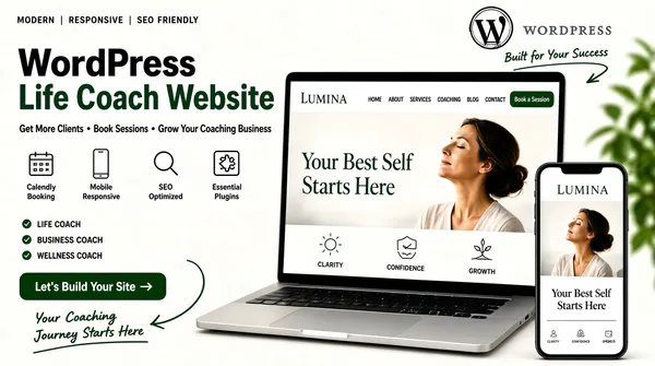 [Format]
Landscape 16:9 gig cover, digital product mockup scene — flat UI column at left, laptop and phone hardware at right — clean SaaS marketing render on an off-white studio field. No watermark, no personal names.

[Layout]
An off-white field fills the frame with a soft out-of-focus green plant along the right edge. The left 45% is a text column set on the field: a small kicker, a two-line headline, a sub-headline, four circular icons, a two-row ticked checklist, a dark green rounded button at the bottom-left, and a handwritten script annotation with a thin curved arrow curling back up toward it. The right 55% holds the devices: a laptop in near-frontal three-quarter view with a coaching site on screen, the largest block in the frame, plus an upright phone at the lower right overlapping the laptop's right edge and cropped by the corner, standing in front of screen and field. A logo lockup with its own script annotation and curved arrow sits top-right above the group.

[Subject]
none — no cut-out person; the cover is type, icons and screens. The only human is a photograph inside the laptop mockup: a woman in three-quarter profile, shoulders-up, head tipped back, eyes closed, light top, hair up.

[Headline]
Reading order: the kicker "MODERN | RESPONSIVE | SEO FRIENDLY" in small dark-grey letter-spaced capitals; the headline "WordPress" in heavy near-black sans over "Life Coach Website" in dark green, flush left, each line about a tenth of the frame height; the sub-headline "Get More Clients • Book Sessions • Grow Your Coaching Business"; four icon labels in small black capitals — "Calendly Booking", "Mobile Responsive", "SEO Optimized", "Essential Plugins"; a two-column ticked checklist of coaching roles in small black capitals; a dark green rounded button with white text "Let's Build Your Site" and a right arrow; and the handwritten dark-green script "Your Coaching Journey Starts Here" over two lines with a curved arrow beneath. Inside the laptop screen: a coaching logo, a six-item nav, a green "Book a Session" button, a serif hero headline "Your Best Self Starts Here" and three icon-and-label pairs.

[Badges]
Top-right: the WordPress mark — a dark circle outline holding a stylised "W" with a crossed flourish, about a seventeenth of the frame width — with "WORDPRESS" in grey caps beside it and a hand-drawn dark-green script line "Built for Your Success" beneath, its arrow sweeping down toward the laptop. The first icon-row item pairs a thin calendar glyph with the label "Calendly Booking".

[Mood]
Bright airy SaaS white — off-white field, near-black type, forest-green accents. Thin and low-contrast apart from the headline lines and the green button, so at thumbnail size the black "WordPress" line and the glowing laptop screen land first.
