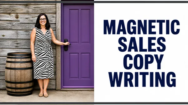[Format]
Landscape 16:9 gig cover, clean editorial split with photography and solid type panel. Modern, friendly finish. No watermark, no personal names.

[Layout]
The left half shows a full-body photograph of a woman outdoors beside a door and barrel. The right half is a white field with a single bold headline stack in dark blue, aligned to the right side. Thin dark gray horizontal bars frame the top and bottom edges.

[Subject]
A woman with shoulder-length dark hair and glasses, wearing a sleeveless zebra-patterned wrap dress, standing with one hand on a purple door handle and smiling. She is shown full-length beside a wooden wine barrel against weathered wood siding.

[Headline]
Right side, stacked dark blue bold sans capitals in four lines: "MAGNETIC", "SALES", "COPY", "WRITING".

[Badges]
none

[Mood]
White, navy and natural wood tones; relaxed and approachable. The large headline dominates the right half and reads clearly at thumbnail size.