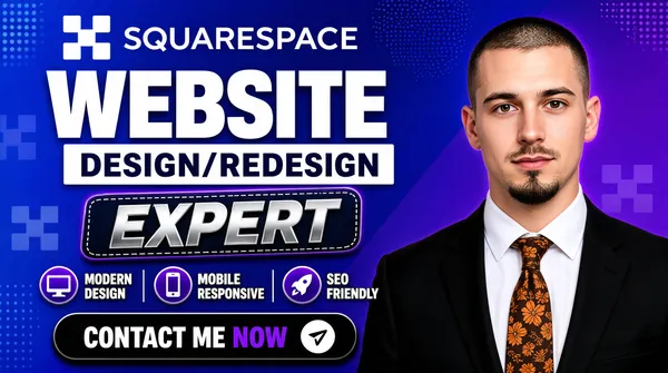 [Format]
Professional Fiverr gig cover, landscape 16:9 banner, bold gradient advertising style with metallic display type. No watermark, no personal names.

[Layout]
A blue-to-violet diagonal gradient background scattered with halftone dot patches, small dotted grid clusters in the corners, and faint ghosted Squarespace logo shapes. The left half is the headline stack with a feature row and contact button; the subject occupies the right third and bleeds off the right edge.

[Subject]
Right third, cropped at the chest: a young white / Caucasian man with very short hair and a thin goatee beard, wearing a black suit jacket, white shirt and a brown-and-orange floral patterned tie, looking directly at the camera with a calm neutral expression. Soft studio light.

[Headline]
Stacked on the left: the white Squarespace logo mark beside "SQUARESPACE" in metallic silver letterspaced caps; then "WEBSITE" in enormous heavy white caps with a small white Squarespace mark beside it; then "DESIGN/REDESIGN" in heavy dark-navy caps on a white slab; then "EXPERT" in large metallic silver italic caps on a tilted dark rounded rectangle with a dashed stitched border and a purple glow. Below, a feature row of three items separated by thin vertical bars, each with a purple circular icon and two lines of white caps: a monitor icon with "MODERN DESIGN", a phone icon with "MOBILE RESPONSIVE", and a rocket icon with "SEO FRIENDLY". At the bottom, a solid black rounded pill with a white circular send icon and "CONTACT ME NOW" in heavy white caps, "NOW" in purple.

[Graphic accents]
Additional white Squarespace logo marks float semi-transparently at the mid-left, below the slab and near the bottom-left, at varying sizes.

[Mood]
Slick, expert-led and modern; blue-violet gradient with silver-and-white type, stitched badge texture and a composed human presence on the right.