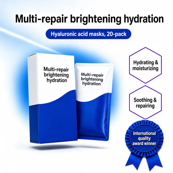 [Format]
Professional e-commerce product main image, square 1:1, clean clinical skincare style with airy blue light.

[Colors]
A white ground washed with a soft feathered blue glow; crisp royal-blue print accents; violet outline badges and a blue rosette; no frame border.

[Layout]
Headline centred at top; a blue pill sub-line beneath; the box and sachet left-of-centre; a right-hand column of hexagon badges; an award rosette lower-right. The blue glow deepens directly behind the products, and a faint diagonal light streak crosses the upper ground.

[Subject]
A white-and-blue product carton leaning against a single sheet-mask sachet, both printed with a solid blue wave-block panel, floating gently with a soft shadow beneath. No people.

[Headline]
"Multi-repair brightening hydration" in black caps; a blue pill: "Hyaluronic acid masks, 20-pack".

[Badges]
Two violet hexagon outlines with white captions "Hydrating & moisturizing" and "Soothing & repairing"; below them a blue rosette ribbon reading "International quality award winner".

[Mood]
Pure, medical-grade and hydrating; airy blue-white clarity that feels dermatologist-trusted. Honest packaging, visible sachet and award rosette together read as safe, effective and dermatologist-adjacent.