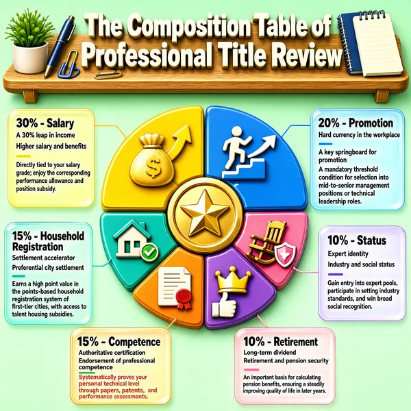 This infographic takes "The Composition Table of Professional Title Review" as its theme, uses a fresh, soft mint-green background paired with 3D cartoon-style visual elements, and is overall lively and educational. The title "The Composition Table of Professional Title Review" is presented in three-dimensional off-white lettering on a wooden shelf, surrounded by stationery icons such as pens, notebooks, and paper clips, creating an office-and-study atmosphere. The main body of the chart is a ring structure composed of six vividly colored, irregularly shaped fan-shaped segments, arranged around a central gold medal (with a five-pointed star), symbolizing the core value of professional title review. Each fan-shaped segment is connected by a thin line to its corresponding explanatory box, forming a clear information association. The segments and their corresponding content are as follows: 1. **30% - Salary** - Theme: higher salary and benefits - Explanatory text: "Directly tied to your salary grade; enjoy the corresponding performance allowance and position subsidy." - Subtitle: "A 30% leap in income" - Visual elements: a yellow segment containing a money bag and an upward arrow icon, symbolizing income growth. 2. **20% - Promotion** - Theme: a key springboard for promotion - Explanatory text: "A mandatory threshold condition for selection into mid-to-senior management positions or technical leadership roles." - Subtitle: "Hard currency in the workplace" - Visual elements: a blue segment containing an icon of a figure climbing steps with an upward arrow, symbolizing career advancement. 3. **15% - Household Registration** - Theme: preferential city settlement - Explanatory text: "Earns a high point value in the points-based household registration system of first-tier cities, with access to talent housing subsidies." - Subtitle: "Settlement accelerator" - Visual elements: a teal segment containing a house and a checkmark icon, representing settlement and housing security. 4. **15% - Competence** - Theme: endorsement of professional competence - Explanatory text: "Systematically proves your personal technical level through papers, patents, and performance assessments." - Subtitle: "Authoritative certification" - Visual elements: an orange segment containing a document and a red seal icon, symbolizing qualification certification. 5. **10% - Status** - Theme: industry and social status - Explanatory text: "Gain entry into expert pools, participate in setting industry standards, and win broad social recognition." - Subtitle: "Expert identity" - Visual elements: a purple segment containing a crown and a thumbs-up gesture icon, symbolizing social status and authority. 6. **10% - Retirement** - Theme: retirement and pension security - Explanatory text: "An important basis for calculating pension benefits, ensuring a steadily improving quality of life in later years." - Subtitle: "Long-term dividend" - Visual elements: a pink segment containing a rocking chair and a shield icon, symbolizing stability and security in later life. All the figures add up to 100% (30% + 20% + 15% + 15% + 10% + 10%), constituting a complete value system for professional title review. The information boxes use a semi-transparent rounded-rectangle design, with colors matching the corresponding segments to enhance visual unity. Through its intuitive pie/ring layout, clear percentage labels, vivid icons, and detailed explanatory text, the whole infographic comprehensively analyzes the multidimensional value of professional title review in career development, emphasizing that it is not merely a certification of competence but a comprehensive "hard currency" that affects salary, promotion, household registration, retirement, and many other aspects.