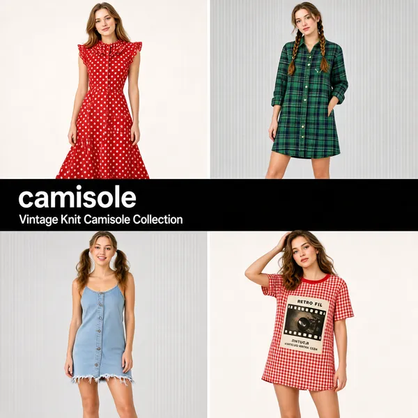 [Format]
Professional e-commerce product main image, square 1:1, a four-grid fashion collage with a clean boutique aesthetic.

[Colors]
Background panels alternate between soft white and light grey photo sets. The center band is solid black with white type. No frame border; thin even gutters separate the four photos.

[Layout]
A 2x2 grid of full-body model shots. A black horizontal band cuts across the middle of the frame carrying the title and subtitle in white.

[Subject]
Four white / Caucasian women modeling, one per grid cell: top-left in a red polka-dot midi dress with a ruffled collar; top-right in a green-and-navy plaid shirt dress with two loose braids; bottom-left in a pale-blue denim frayed-hem camisole dress with pigtails; bottom-right in a red gingham tee with a retro film print, one hand raised to her hair.

[Headline]
Center black band, left-aligned: "camisole" in large lowercase white serif, and beneath it "Vintage Knit Camisole Collection" in smaller white sans-serif.

[Mood]
Retro, youthful and merchandised; four coordinated looks presented like a lookbook page with bold type anchoring the middle.