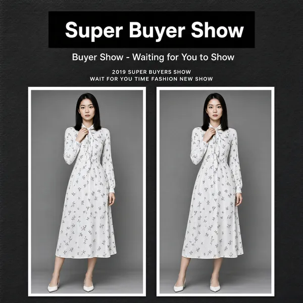 [Format]
Professional e-commerce product main image, square 1:1, monochrome editorial buyer-show layout with twin model photos.

[Colors]
Charcoal textured background (#2a2a2a); white-framed vertical photos; a black title plate with white text; light grey subtitle; muted grey caption letters. No frame border.

[Layout]
A black rectangular title plate sits top center; a grey subtitle line with a letter-spaced English caption follows beneath; two tall vertical photos hang side by side, filling the lower two-thirds of the frame with an even gap.

[Subject]
Two studio shots of a young Asian woman wearing a white long-sleeve midi dress printed with tiny floral sprigs and a tie neck, posed with a hand raised near her collar against a plain grey backdrop.

[Headline]
'Super Buyer Show' in white on the black plate; subtitle: 'Buyer Show - Waiting for You to Show'; spaced caption in two small grey lines: '2019 SUPER BUYERS SHOW WAIT FOR YOU TIME FASHION NEW SHOW'.

[Badges]
Black rectangular title plate only.

[Mood]
Editorial, monochrome fashion-campaign confidence with a casting-call feel.