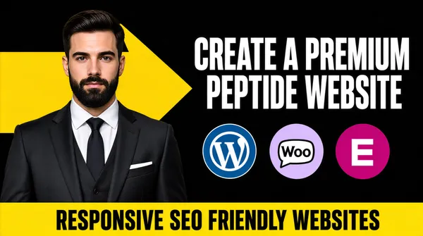 [Format]
Professional Fiverr gig cover, landscape 16:9 banner. High-contrast black-and-yellow commercial advertising style. No watermark, no personal names.

[Layout]
A solid near-black background. The left third is occupied by the subject with a large flat yellow angular arrow-chevron shape behind his shoulder pointing to the right; the right two-thirds carry the headline stack and icon row. A solid yellow bar spans the full width along the bottom edge.

[Subject]
Left side, waist-up against the black ground: a young white / Caucasian man with neatly combed dark hair, a full dark beard and moustache, wearing a dark charcoal suit with a matching waistcoat, white shirt and dark tie, calm serious expression, looking straight at the camera. No text or watermark on the subject.

[Headline]
Right column, left-aligned: "CREATE A PREMIUM PEPTIDE WEBSITE" in very heavy white caps over three lines. Beneath, a row of three circular platform icons: the WordPress logo in a blue circle, the WooCommerce mark in a pale lavender circle, and the Elementor white "E" in a magenta circle.

[Badges]
Along the very bottom edge, a full-width solid yellow bar carrying "RESPONSIVE SEO FRIENDLY WEBSITES" in heavy black caps, centred.

[Graphic accents]
The oversized yellow arrow shape with a notched, angular silhouette sits behind the subject's left shoulder, pointing toward the headline.

[Mood]
Premium, corporate and direct; pure black ground with one loud yellow accent system, heavy white display type and clean platform icons, extremely readable at thumbnail size.