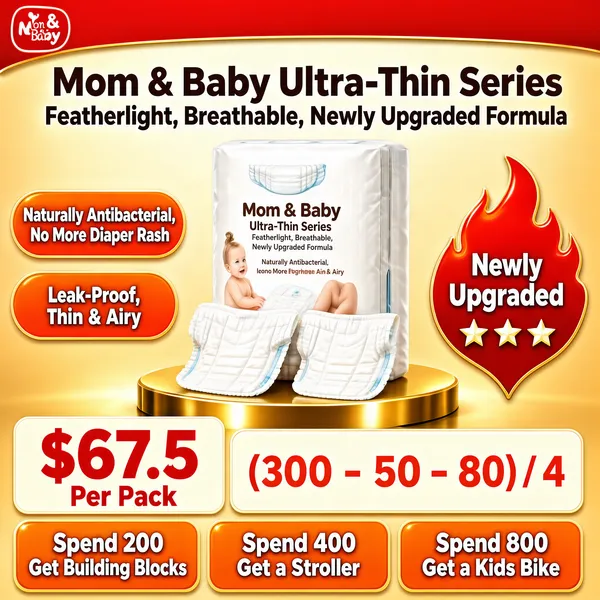 [Format] Professional e-commerce product main image, square 1:1, premium golden diaper promo with layered promotional bands. [Colors] Warm champagne-to-gold gradient background (#e8c98a range) with a glossy round podium; red top ribbon and red-orange pills (#d94f2b); a white product pack; cream lower panels with red numerals and orange gift tiles. No frame border. [Layout] A red ribbon with a logo slot runs along the top edge. The headline block sits beneath it in two lines. Orange pills stack on the left. The pack stands on the round podium at center with a red flame-shaped badge to its right. A cream price panel sits below-left, a coupon math line runs beside it, and three orange gift tiles line the bottom edge. [Subject] A tall white pack of ultra-thin diapers standing upright, with two unfolded white diapers leaning softly against its base on the golden podium. [Headline] Bold brown text reads Mom & Baby Ultra-Thin Series, subtitled Featherlight, Breathable, Newly Upgraded Formula. The price panel shows an event price of $67.5 Per Pack, next to a coupon breakdown reading (300 - 50 - 80) / 4. The bottom tiles promise Spend 200 Get Building Blocks, Spend 400 Get a Stroller and Spend 800 Get a Kids Bike. [Badges] Two orange pills on the left state Naturally Antibacterial, No More Diaper Rash and Leak-Proof, Thin & Airy. A red flame badge beside the podium declares Newly Upgraded with three stars beneath. [Mood] Warm, generous and trustworthy, a value-packed sale that feels premium yet practical.