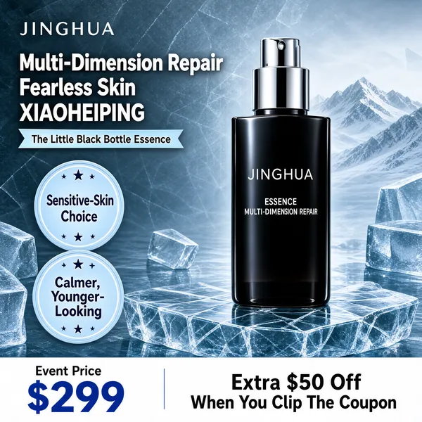 [Format]
Professional e-commerce product main image, square 1:1, cold-glacier premium skincare style.

[Colors]
Frosty blue-grey background in the #9fb4c4 range with scattered translucent ice blocks and a snowy mountain fade, a near-black gradient product, white and silver type, two pale blue seals and a white footer bar; no frame border.

[Layout]
A logo placeholder sits top-left; a three-line headline stack runs down the upper-left with a small blue ribbon beneath; two round seals sit mid-left; the bottle stands right of centre among cracked ice; a white price bar runs along the bottom edge.

[Subject]
Right: a tall near-black glass bottle with a silver pump cap, labelled "JINGHUA" in thin white caps above two smaller lines, standing upright on cracked clear ice with cool reflections.

[Headline]
Upper-left: "Multi-Dimension Repair" and "Fearless Skin" in heavy white caps, then a faint letterspaced line "XIAOHEIPING", then a blue ribbon reading "The Little Black Bottle Essence"; two round seals: "Sensitive-Skin Choice" and "Calmer, Younger-Looking" with tiny star details; the bottom white bar shows "Event Price" over "$299" in blue numerals beside "Extra $50 Off When You Clip The Coupon" in bold.

[Mood]
Icy, clinical and aspirational; glacier blues framing a single dark-hero bottle with silver punctuation.
