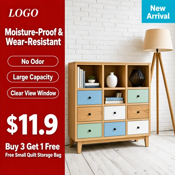 [Format]
Professional e-commerce product main image, square 1:1, bold red-ribbon promo style pairing a heavy text column with a bright lifestyle product photo.

[Colors]
The left third is a vivid crimson-red ribbon (#d3221f) running full height with all type in white; the right two-thirds is a warm bright interior photo with a white painted-brick wall, whitewashed wood floor and light oak furniture (#c89b6a), accented by sky-blue, mint and white drawer fronts; a cyan corner tag (#29b6d8) at top right. No frame border.

[Layout]
The red ribbon stacks, top to bottom: a placeholder logo line, the main headline, three outlined claim pills, then a huge price figure with a bonus line beneath. The right side is a clean lifestyle photo of the cabinet; a small cyan tag sits in the top-right corner.

[Subject]
No people. A light-oak wooden storage cabinet with open cubbies and many small drawers, some fronts finished in light blue, natural wood and white, styled with stacked books, white vases and a black wire-frame lamp inside; a wooden tripod floor lamp with a beige shade stands behind it on whitewashed plank flooring.

[Headline]
On the ribbon: "LOGO" in white serif italic placeholder type; then "Moisture-Proof & Wear-Resistant" in bold white caps; three white-outlined rounded pills reading "No Odor", "Large Capacity" and "Clear View Window"; then a huge white "$11.9" with a small currency prefix; below, "Buy 3 Get 1 Free" in bold white and "Free Small Quilt Storage Bag" in smaller white.

[Badges]
A cyan rectangle tag in the top-right corner with stacked white text "New Arrival".

[Mood]
Bright, homely and value-driven; warm wood tones balanced by a confident red ribbon with crisp white claims.