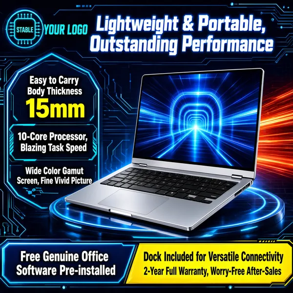 [Format]
Professional e-commerce product main image, square 1:1, high-tech blue e-sports style promo for a slim laptop.

[Colors]
Deep navy and tech blue background (#0a1c3f range) with glowing cyan light streaks and circuit-like patterns, bright cyan primary accent (#29c1ff), warm orange-red contrast streaks on the right, metallic silver product body. Tech-style cyan border lines frame the edges.

[Layout]
Top headline zone, a hexagonal feature panel on the left third, hero laptop angled three-quarter on the right half standing on a glowing reflective platform, bottom strip with two stacked offer banners.

[Subject]
A slim silver laptop with black keys, open at an angle, screen showing a glowing blue neon tunnel artwork; thin metal body and a silver hinge visible.

[Headline]
Top center: "Lightweight & Portable, Outstanding Performance" in bold glowing blue-white tech sans-serif. Left hex panel: "Easy to Carry" tag, "Body Thickness 15mm" with big yellow numeral, "10-Core Processor, Blazing Task Speed", "Wide Color Gamut Screen, Fine Vivid Picture". Bottom left: "Free Genuine Office Software Pre-installed". Bottom right yellow ribbon: "Dock Included for Versatile Connectivity" and below "2-Year Full Warranty, Worry-Free After-Sales".

[Badges]
Top-left circular chip reading "STABLE" plus "YOUR LOGO" text; bottom yellow promo ribbon.

[Mood]
Powerful, futuristic and trustworthy, like a flagship gadget launch.