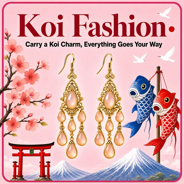 [Format]
Professional e-commerce product main image, square 1:1, Japanese-illustration accessory style blending a real product photo with pastel cartoon scenery.

[Colors]
Background is a soft cherry-pink, near #f7cfd4, framed by a slim deeper-pink border with rounded corners. Accents are deep crimson on the headline, gold on the earrings, coral pink on the sakura blossoms, and carp-flag blue and red. No frame border beyond the thin rounded line.

[Layout]
The headline block fills the upper third across two lines. The hero earrings hang centred in the middle of the frame at real-photo scale. Illustrated scenery surrounds them: a sakura branch entering from the left, two carp flags streaming on a pole at the right, a red torii gate at the bottom left, a snow-capped mountain arc across the bottom, and small white birds in the sky.

[Subject]
A pair of ornate gold chandelier earrings with open teardrop frames, filigree links and cascading peach moonstone teardrops, photographed sharp and floating against the illustrated pink backdrop; delicate hooks up, drops swinging gently. No people.

[Headline]
Top line: "Koi Fashion" in very heavy crimson serif characters with a small red seal-dot accent. Second line: "Carry a Koi Charm, Everything Goes Your Way" in bold black characters, slightly smaller, both centred.

[Mood]
Sweet, lucky and storybook-charming; sakura pink with gold sparkle, festive carp flags and mountain scenery framing one delicate jewellery hero.