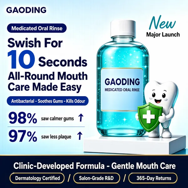 [Format]
Professional e-commerce product main image, square 1:1, clinical oral-care promo style on an icy blue set.

[Colors]
Light blue-to-white gradient background in the #bfe3f5 range, deep blue headline accents, turquoise product liquid, a white plinth and a dark navy footer band with gold chip outlines; no frame border.

[Layout]
A logo placeholder sits top-left; a small claim pill and the headline stack run down the upper-left with two stat rows beneath; the large bottle stands right on a white square plinth with a tooth mascot beside it; a strip of trust chips crosses above a dark navy banner along the bottom.

[Subject]
Right: a large clear bottle of turquoise mouthwash with a white cap and a pale blue label reading "GAODING" above smaller lines, standing on the white plinth; next to it a cute white 3D tooth mascot holds a green cross shield.

[Headline]
Small white pill: "Medicated Oral Rinse"; then "Swish For 10 Seconds" with the "10" oversized in blue, and "All-Round Mouth Care Made Easy" beneath; a blue chip row: "Antibacterial - Soothes Gums - Kills Odour"; two stat lines "98% saw calmer gums" and "97% saw less plaque" with small up-arrows; top-right a teal script "New" with a note "Major Launch"; bottom navy band: "Clinic-Developed Formula - Gentle Mouth Care" with small chips "Dermatology Certified / Salon-Grade R&D / 365-Day Returns".

[Mood]
Fresh, medical and reassuring; icy blues with sparkling liquid clarity and proof numbers.