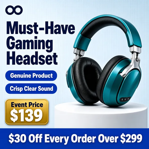 [Format]
Professional e-commerce product main image, square 1:1, bright e-sports accessory promo staged on a clean pale studio set.

[Colors]
Pale blue-grey background in the #dfe8f2 range with a soft white pedestal, teal-and-black hardware, navy display type, one gold price tag and a blue footer band; no frame border.

[Layout]
A logo placeholder sits top-left; the two-line headline runs down the left with two blue claim pills beneath; the headphones hold the centre-right on a round white pedestal; a gold price tag tucks in at the lower left and a full-width blue banner runs along the bottom edge.

[Subject]
Centre-right: a pair of glossy teal over-ear wireless headphones with black padded earcups, a silver-adjustable folding hinge and small on-ear controls, angled three-quarter on the pedestal under crisp studio light with a gentle shadow.

[Headline]
Left: "Must-Have" and "Gaming Headset" stacked in heavy navy caps; two blue pills with white text: "Genuine Product" and "Crisp Clear Sound"; gold tag: "Event Price" over "$139" in large white numerals; the bottom blue banner reads "$30 Off Every Order Over $299" in bold white.

[Badges]
None beyond the claim pills and price tag.

[Mood]
Youthful, punchy and deal-forward; cool teal hardware on a pale stage with confident navy type.