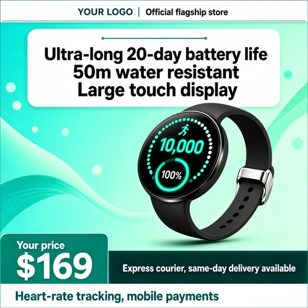 [Format]
Professional e-commerce product main image, square 1:1, clean tech-gadget style with an aqua-teal gradient field and a single floating hero device.

[Colors]
Background is a smooth aqua-to-mint gradient (#7fe3d4 to #bff2e8) with soft abstract ribbons and dots. Accents are white type blocks, teal-green numerals on the device screen, and a dark teal bottom bar. No frame border.

[Layout]
A white brand strip with a thin teal border runs across the very top. Below it, a white rounded panel holds a small eyebrow line and a two-line headline. The smart band floats centre-right at a dynamic angle. The bottom quarter is split into teal blocks with price and service text.

[Subject]
Centre-right: a sleek black smart band with a slim curved strap, a polished silver hinge clasp, and a round touch display glowing with teal graphics - a dotted activity ring, footsteps icon, a large "10,000" step counter and a "100%" ring gauge. Gentle drop shadow, crisp studio rendering. No people.

[Headline]
Inside the white panel: a small teal centred line "Ultra-long 20-day battery life", then two heavy dark-teal display lines: "50m water resistant" and "Large touch display".

[Badges]
Bottom-left teal block: small white caps "Your price" above a huge white "$169" with a currency mark. To its right, a dark teal bar reads "Express courier, same-day delivery available" above a white strip with teal bold "Heart-rate tracking, mobile payments". The top strip reads "YOUR LOGO | Official flagship store".

[Mood]
Fresh, sporty and dependable; cool aqua lightness around one precise teal-lit device with clear utility claims.
