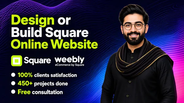 [Format]
Professional Fiverr gig cover, landscape 16:9 banner. Dark, premium tech-service style with glowing wave lines and a lime accent. No watermark, no personal names.

[Layout]
A deep navy-purple ground covered in fine flowing topographic wave lines: a violet mesh wave sweeps across the upper left behind the headline, and a large blue-to-pink gradient wave bloom glows behind the subject on the right, brightest toward the lower right. The left half carries the typography and logo lockups; the subject occupies the right third.

[Subject]
On the right, cut out against the wave glow: a young white / Caucasian man with thick dark swept-back hair, a full beard and round thin-frame glasses, wearing a black kurta-style shirt with a dark shawl with fine gold trim draped around his neck and shoulders, smiling gently at the camera, waist-up. No text or watermark on the subject.

[Headline]
Stacked on the left: line 1 "Design or" with "Design" in heavy lime-green and "or" in heavy white; line 2 "Build Square" in heavy white; line 3 "Online Website" in heavy white with the word "Website" in lime-green. Beneath, a logo row: a lime rounded-square app icon containing a white square mark, followed by "Square" in large white lowercase; to its right the "weebly" wordmark in white with the small line "eCommerce by Square" beneath it. Below, three bullet rows, each led by a small white dot: "100% clients satisfaction" with "100%" in lime, "450+ projects done" with "450+" in lime, and "Free consultation" with "Free" in lime, the remaining words of each line in white.

[Mood]
Modern, confident and premium; deep violet-navy waves with a single lime accent colour, friendly human presence on the right, clean readable type.