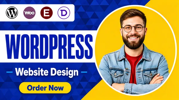 [Format]
Professional Fiverr gig cover, landscape 16:9 banner. Bold flat blue-and-yellow commercial style with a circular portrait. No watermark, no personal names.

[Layout]
A royal-blue background covered in a subtle darker triangle-mosaic pattern. A large yellow diagonal wedge fills the right side and lower corner. On the upper left, a white rectangular strip carries a row of platform logos. A broad white horizontal band crosses the left half for the main title. The subject sits inside a large white-outlined circle on the yellow field.

[Subject]
Inside the right-hand circle: a young white / Caucasian man with short brown hair, round thin-frame glasses and a full beard, wearing a light-wash denim jacket over a red t-shirt, arms folded across his chest, smiling warmly at the camera against the flat yellow ground.

[Headline]
On the white strip at the top left, a row of four circular logos: the WordPress mark in black and white, the WooCommerce "Woo" mark in muted purple, the Elementor "E" mark in dark red, and the Divi "D" mark in purple outline. On the white band below, "WORDPRESS" in very heavy blue condensed caps spanning most of the width. Beneath the band, "Website Design" in heavy white sans-serif on the blue. At the bottom left, a yellow rounded pill with small blue dashes flanking the text "Order Now" in heavy blue.

[Badges]
No badge row or trust strip; the four-logo row at the top serves as the only platform signage.

[Mood]
Friendly, direct and high-contrast; confident blue with yellow geometry, one huge blue title and a warm smiling portrait in a circular frame.