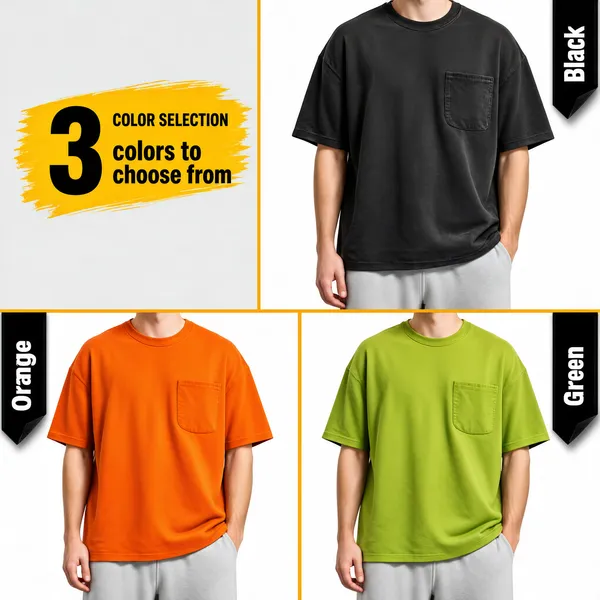[Format]
Professional e-commerce product main image, square 1:1, three-up color-variant fashion grid style.

[Colors]
White and light-grey photo tiles separated by thin yellow-orange rules; washed black, vivid orange and lime-green garments; black vertical corner tags; a yellow brush-stroke chip; no frame border.

[Layout]
A yellow brush chip upper-left; one large tile top-right; two equal tiles along the bottom; black vertical tags clipped to tile corners naming each colorway. The rules between tiles stay thin and even, and each black corner tag overlaps its tile edge with a slight fold for depth.

[Subject]
Three photos of white / Caucasian male models cropped above the neck, fair-skinned, wearing heavyweight boxy pocket tees in washed black, vivid orange and lime green, paired with light grey sweatpants. No faces are shown.

[Headline]
Yellow brush chip: tiny "COLOR SELECTION" over "3 colors to choose from" in bold black with an oversized 3. Black corner tags in white text: "Black", "Orange", "Green".

[Mood]
Street-casual, swatch-clear and youthful; a clean variant grid that makes color choice the whole decision. Three variants side by side let buyers self-select a color in one glance without leaving the thumbnail.