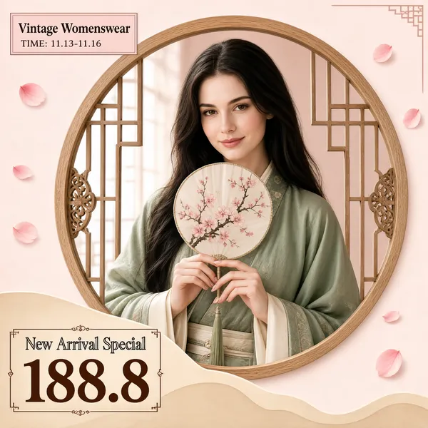 [Format]
Professional e-commerce product main image, square 1:1, soft vintage romance style with a circular wooden window frame and airy pastel tones.

[Colors]
Pale blush-and-cream background (#f3e6dd range) with faint pink petals drifting down; a light-wood circular lattice frame with openwork corner motifs; the costume supplies soft sage green and ivory; dark chocolate-brown display type.

[Layout]
Top-left: a small rectangular caption box with the collection name and dates. Centre: the large round wooden frame holding the portrait, cropped by the frame edges. Bottom-left: a beige wave-shaped band sweeping in from the corner carrying the promotion and price.

[Subject]
Inside the circular frame: a serene young white / Caucasian woman with very long dark hair worn loose, dressed in a soft sage-green traditional-style robe with wide layered sleeves, holding a round silk fan painted with pink blossoms in front of her chest, three-quarter view, gentle closed-lip smile, soft diffused window light. Her fair-skinned hands rest delicately on the fan rim.

[Headline]
Top-left box: "Vintage Womenswear" in brown caps above the smaller line "TIME: 11.13-11.16". Bottom-left band: "New Arrival Special" in outlined brown display letters inside a thin bracket frame, then "188.8" in very large heavy brown numerals.

[Badges]
The top-left date box is the only badge.

[Mood]
Romantic, poetic and elegant; airy pastel petals, circular lattice framing and quiet vintage charm.