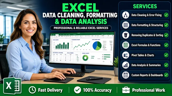 [Format]
Landscape 16:9 gig cover, modern office-photo style with a real workspace, monitor mockup and dark overlay panels. Clean finish, no watermark, no personal names.

[Layout]
A woman sits at a desk on the left third, working at a large monitor that occupies the center third; the right third is a dark blue-green vertical service panel with six rounded rows. A green banner strip runs along the bottom edge with three trust badges. The Excel logo sits in the lower-left corner.

[Subject]
A smiling woman with long wavy brown hair, wearing a light blue button-up shirt, seated at a desk with hands on a keyboard and pen tablet. She is turned slightly toward the viewer. Behind her, a large monitor displays a dashboard with bar charts, line charts and a pie chart.

[Headline]
Top center: large bright green sans-serif "EXCEL" above white all-caps sans-serif "DATA CLEANING, FORMATTING" and green all-caps "& DATA ANALYSIS". Below that, a dark rounded pill reads "PROFESSIONAL & RELIABLE EXCEL SERVICES". Right panel header "SERVICES" in green, followed by lines with white icons and text: "Data Cleaning & Error Fixing", "Data Formatting & Structuring", "Removing Duplicates & Sorting", "Excel Formulas & Functions", "Pivot Tables & Charts", "Data Analysis & Summaries" and "Custom Reports & Dashboards". Bottom banner: "Fast Delivery", "100% Accuracy", "Professional Work".

[Badges]
Lower-left: green Excel spreadsheet icon. Each service row has a circular icon on the left and a green checkmark on the right. Bottom banner icons: clock, checkmark and briefcase.

[Mood]
Teal, green and navy palette with bright office lighting; professional, friendly and productive. The thumbnail conveys hands-on Excel dashboard work.