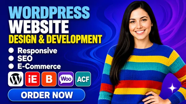 [Format]
Professional Fiverr gig cover, landscape 16:9 banner. Bold, colourful gradient advertising style with heavy display type and a cheerful human presence. No watermark, no personal names.

[Layout]
A rich blue-to-violet gradient background with soft darker swirls and a small white four-point sparkle in the lower right. The left half is the typography column with a bullet list, a badge row and a button; the subject fills the right half and bleeds off the right edge.

[Subject]
Right side, waist-up, one hand resting on her hip: a young white / Caucasian woman with long straight dark hair falling past her chest, wearing a colourful horizontally striped knit sweater in blue, yellow, teal and red, smiling warmly at the camera. Clean bright light, sharp focus. No text or watermark on the subject.

[Headline]
Stacked on the left: "WORDPRESS" in very heavy light-blue caps; "WEBSITE" in very heavy white caps; "DESIGN & DEVELOPMENT" in heavy yellow caps. Below, a left-aligned bullet list of three rows with white dot bullets and large white text: "Responsive", "SEO", "E-Commerce".

[Badges]
Under the list, a row of five small rounded app badges: the white circular WordPress W, a red "iE" theme tile, an orange-red tile with a white "B", the purple "Woo" speech-bubble badge, and a teal tile reading "ACF". Below them, a blue rounded pill button with "ORDER NOW" in white caps.

[Mood]
Bright, capable and friendly; saturated blue-violet gradient, tricolour display type, tidy badge row and a warm smile anchoring the right.