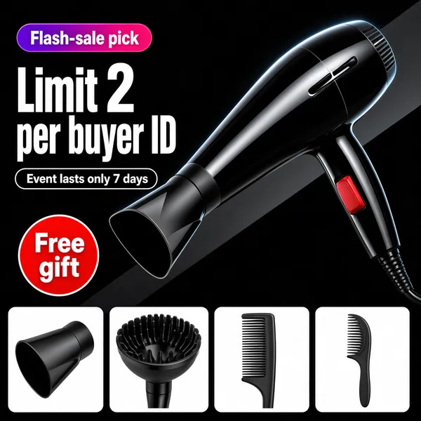 [Format]
Professional e-commerce product main image, square 1:1, dark flash-sale appliance advertising style.
[Colors]
Nearly black background in the #111418 range with a subtle grey diagonal sweep; red accents on the switch and badges; purple-to-pink pill accents; white accessory cards at the bottom.
[Layout]
Angled product hero fills the upper two thirds; badge top left; a two-line headline mid left with a small pill beneath it; a round gift badge above a bottom strip of four white cards.
[Subject]
A glossy black professional hair dryer with a slim nozzle, red power switch and black handle, laid diagonally from upper right to lower left, catching a soft grey rim light along its body. No people.
[Headline]
Left side: a purple-to-pink rounded pill at the top reading "Flash-sale pick"; below it, big white heavy caps "Limit 2 per buyer ID" with the numeral enlarged; under that a small outlined pill "Event lasts only 7 days".
[Badges]
A round red badge with white text "Free gift". Along the bottom, four white photo cards showing a concentrator nozzle, a diffuser hood, a styling comb and a pick comb.
[Mood]
Sharp, urgent and high-contrast; black-on-black product drama with red and violet promo pops, built for fast scannability.