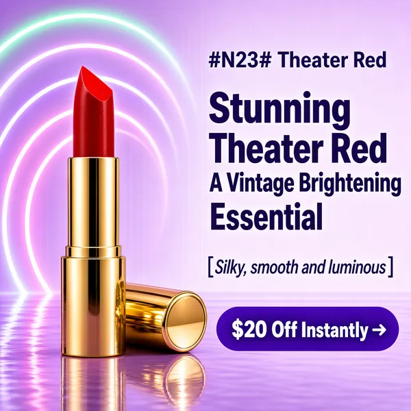 [Format]
Professional e-commerce product main image, square 1:1, dreamy neon-beauty style on a lilac stage.

[Colors]
Background is a soft lilac-to-pale-purple gradient with glowing concentric neon arcs sweeping across the left side in mint, lavender and pink (#cfa9ec range). Text deep purple, banner violet, floor reflective. No frame border.

[Layout]
Left: the lipstick standing upright with its gold cap lying in front. Right column: the shade line, two headline lines, a bracketed sub-line and a violet banner pill. Reflections pool beneath the product.

[Subject]
No people. A gold-cased bullet lipstick with the cap off, revealing a saturated true-red angled bullet, standing on a glossy reflective lilac floor with soft neon glow tracing its silhouette.

[Headline]
Right column top: "#N23# Theater Red" in small deep-purple caps. Main lines: "Stunning Theater Red" over "A Vintage Brightening Essential" in heavy purple type. Bracketed line: "Silky, smooth and luminous". Violet rounded banner: "$20 Off Instantly" in white with a small arrow.

[Mood]
Glamorous, romantic and stage-lit; pastel lilac glow against rich red-and-gold product shine.