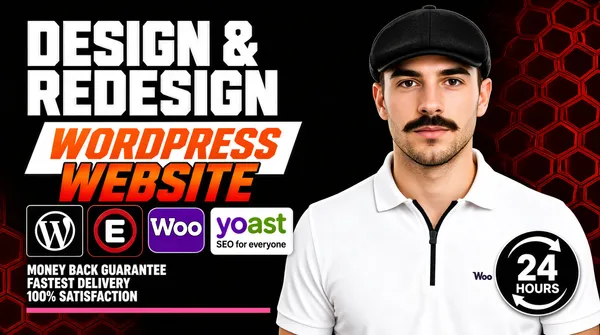 [Format]
Professional Fiverr gig cover, landscape 16:9 banner. Bold black-and-orange WordPress advertising style with angular slab type. No watermark, no personal names.

[Layout]
A solid black background with a dark-red hexagon honeycomb pattern bleeding in across the right side and lower-left corner. The left half carries the type stack and logo row; the subject occupies the right half, and a thin pink horizontal rule runs along the lower left.

[Subject]
Right half, cropped at the chest: a young white / Caucasian man wearing a black flat cap, with a dark moustache and light stubble, dressed in a white zip-collar polo shirt with a small dark brand wordmark on the chest, arms at his sides, looking straight at the camera with a neutral confident expression. Even frontal light, sharp focus.

[Headline]
Stacked on the left: "DESIGN & REDESIGN" in very heavy white caps; then "WORDPRESS" in very heavy orange italic caps set on a white angled parallelogram slab; then "WEBSITE" in very heavy italic caps with a red-to-orange gradient fill, slightly indented. Beneath, three stacked guarantee lines in very heavy white caps: "MONEY BACK GUARANTEE", "FASTEST DELIVERY" and "100% SATISFACTION".

[Badges]
Between the title and the guarantee lines, a horizontal row of four logo plates: the WordPress circular logo in white on a dark tile, the Elementor "E" mark in white on a dark-red circular tile, the WooCommerce "Woo" mark in white on a purple rounded tile, and a wide white rectangle holding the Yoast logo — "yoast" in purple and green lowercase followed by "SEO for everyone" in dark text. At the lower right, overlapping the subject's shirt, a black circular badge with a white curved arrow containing "24" in large white over "HOURS" in small white caps.

[Mood]
Assertive, guarantee-led and high-contrast; pure black with hot orange-red type, hexagon texture and a row of trust logos doing the convincing.