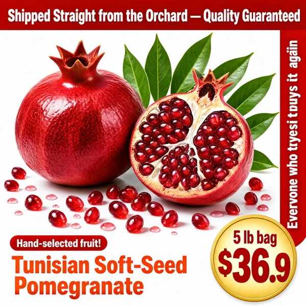 [Format]
Professional e-commerce product main image, square 1:1, vivid farm-fresh fruit style with market energy.

[Colors]
Background is clean white with a red rounded banner at the top, a red vertical ribbon on the right edge, and a golden price wheel at the bottom right. Headline red, product name orange-red. No frame border.

[Layout]
Top: a full-width red banner. Center: whole and halved pomegranates with green leaves. Right edge: a vertical red ribbon strip. Bottom-left: a small red pill and a large product-name line. Bottom-right: a gold circle with the price.

[Subject]
No people. A glossy red pomegranate with its crown calyx intact beside a halved fruit revealing dense ruby seeds, fresh green leaves tucked behind, scattered arils and juice droplets on the white surface, high-key appetizing light.

[Headline]
Top red banner: "Shipped Straight from the Orchard — Quality Guaranteed" in white caps. Right ribbon, reading downward: "Everyone who tries it buys it again". Bottom-left red pill: "Hand-selected fruit!" with the name line "Tunisian Soft-Seed Pomegranate" in bold orange-red beneath. Gold wheel: "5 lb bag" in small text above "$36.9" in huge red numerals.

[Mood]
Fresh, abundant and bargain-bright; ruby reds and juicy highlights with confident market typography.