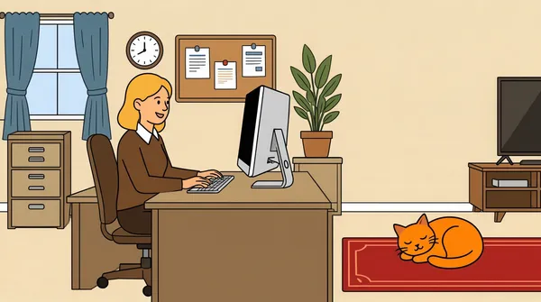 [Format]
Landscape 16:9 gig cover, flat vector illustration of a cozy office interior. Warm muted palette, simple shapes, no watermark, no personal names.

[Layout]
A single woman sits at a large desk in the left-center of the frame, facing a desktop computer. The desk and background furniture stretch horizontally across the frame. To the right, an empty area holds a cat on a rug and a TV stand. The scene is evenly lit with no shadows, creating a calm, storyboard-like layout.

[Subject]
A cartoon woman with shoulder-length blonde hair, wearing a brown top with a white collar, sits at a desk facing an iMac-style monitor. She smiles and appears to be typing. Behind her is a filing cabinet, bulletin board with pinned papers, wall clock, potted plant, and window with blue curtains.

[Headline]
none — typographic only

[Badges]
none

[Mood]
Warm beige walls, soft blue accents, a red rug, and a sleeping orange cat create a friendly, productive home-office mood. The detailed background reads as a relatable explainer-video scene.