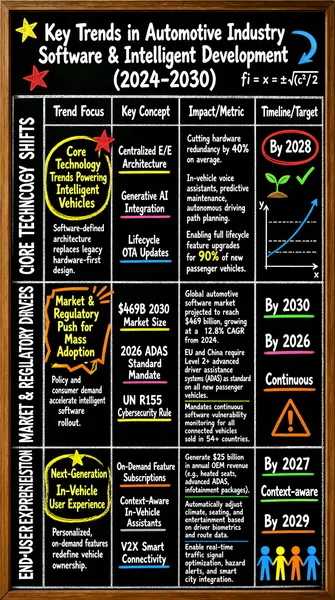 The infographic, titled "Key Trends in Automotive Industry Software & Intelligent Development (2024-2030)", is presented in a visually engaging chalkboard-style format with a wooden frame. The background mimics a black chalkboard with white, colored chalk-like text and hand-drawn illustrations, including stars, arrows, checkmarks, graphs, and erasers, giving it an educational and creative aesthetic. The title is prominently displayed at the top in bold white text, with decorative elements like a yellow star, a blue curved arrow, and a mathematical formula “fi = x = ±√(c²)/2” in the upper right corner.

The content is organized into a structured table with four main columns: **Trend Focus**, **Key Concept**, **Impact/Metric**, and **Timeline/Target**. The rows are grouped under three primary vertical categories on the left side, written vertically in bold white text: **CORE TECHNOLOGY SHIFTS**, **MARKET & REGULATORY DRIVERS**, and **END-USER EXPERIENCE EVOLUTION**. Each category has its own sub-section with distinct visual icons and color-coded highlights.

---

### CORE TECHNOLOGY SHIFTS

This section focuses on foundational technological advancements powering intelligent vehicles.

- **Trend Focus**:  
  - *Core Technology Trends Powering Intelligent Vehicles* — highlighted in a yellow circle with a red star icon.  
  - Subtext: “Software-defined architecture replaces legacy hardware-first design.”

- **Key Concepts**:  
  1. **Centralized E/E Architecture** — underlined in yellow.  
  2. **Generative AI Integration** — underlined in pink.  
  3. **Lifecycle OTA Updates** — underlined in blue, accompanied by a small diagram of a star → circle → checkmark.

- **Impact/Metric**:  
  1. Cutting hardware redundancy by 40% on average.  
  2. In-vehicle voice assistants, predictive maintenance, autonomous driving path planning.  
  3. Enabling full lifecycle feature upgrades for 90% of new passenger vehicles.

- **Timeline/Target**:  
  - A green checkmark and a growing plant icon indicate progress.  
  - “By 2028” circled in red.  
  - A blue growth curve graph labeled “y” vs. “x” with dashed lines indicating thresholds.

---

### MARKET & REGULATORY DRIVERS

This section outlines external forces accelerating adoption.

- **Trend Focus**:  
  - *Market & Regulatory Push for Mass Adoption* — highlighted in yellow with orange rays and a downward arrow.  
  - Subtext: “Policy and consumer demand accelerate intelligent software rollout.”

- **Key Concepts**:  
  1. **$469B 2030 Market Size** — underlined in yellow, with a curved blue arrow pointing back to the concept.  
  2. **2026 ADAS Standard Mandate** — underlined in pink.  
  3. **UN R155 Cybersecurity Rule** — underlined in yellow, with a blue cube and cross symbol.

- **Impact/Metric**:  
  1. Global automotive software market projected to reach $469 billion, growing at a 12.8% CAGR from 2024.  
  2. EU and China require Level 2+ advanced driver assistance systems (ADAS) as standard on all new passenger vehicles.  
  3. Mandates continuous software vulnerability monitoring for all connected vehicles sold in 54+ countries.

- **Timeline/Target**:  
  - “By 2030” underlined in green.  
  - “By 2026” underlined in pink.  
  - “Continuous” underlined in orange, with a warning triangle and a blue arrow.

---

### END-USER EXPERIENCE EVOLUTION

This section details innovations enhancing user interaction and personalization.

- **Trend Focus**:  
  - *Next-Generation In-Vehicle User Experience* — highlighted in yellow with a star icon.  
  - Subtext: “Personalized, on-demand features redefine vehicle ownership.”

- **Key Concepts**:  
  1. **On-Demand Feature Subscriptions** — underlined in orange.  
  2. **Context-Aware In-Vehicle Assistants** — underlined in gray.  
  3. **V2X Smart Connectivity** — underlined in blue, with a green checkmark.

- **Impact/Metric**:  
  1. Generate $25 billion in annual OEM revenue (e.g., heated seats, advanced ADAS, infotainment packages).  
  2. Automatically adjust climate, seating, and entertainment based on driver biometrics and route data.  
  3. Enable real-time traffic signal optimization, hazard alerts, and smart city integration.

- **Timeline/Target**:  
  - “By 2027” underlined in green with a checkmark.  
  - “Context-aware” underlined in green.  
  - “By 2029” underlined in orange, with a group of stick figures in different colors (blue, yellow, orange, blue).

---

Overall, the infographic uses a combination of text, color-coding (yellow, pink, blue, green, orange), hand-drawn icons, and symbolic diagrams to convey complex information clearly and memorably. The visual style enhances readability and emphasizes key milestones, impacts, and timelines, making it suitable for presentations or strategic planning documents in the automotive industry. All textual content is in English, which constitutes the majority of visible text.