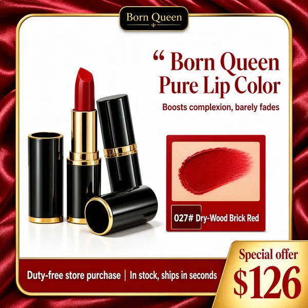 [Format]
Professional e-commerce product main image, square 1:1, glamorous red-satin cosmetics style with a gold-cornered white panel.

[Colors]
Background deep red satin ribbons (#a11220 range) framing a rounded white inner panel, black lacquer lipstick tubes with gold rings, red and gold type; a thin gold-tone edge where the white panel meets the satin.

[Layout]
A small dark logo chip at top-centre; the white panel holding lipsticks on the left, the headline on the right and a red swatch card mid-right; a red claim band along the bottom with a gold gradient price corner at lower-right.

[Subject]
No people. Three black lacquer lipsticks - one open showing a sculpted red bullet with a gold band, one closed, one bare cap lying beside - plus a small red card with a bold red lip swatch smear on a fair-skinned patch.

[Headline]
Big red characters with a quote bracket: "Born Queen" over "Pure Lip Color". Small red line: "Boosts complexion, barely fades". Red band, white text: "Duty-free store purchase | In stock, ships in seconds". Gold corner: "Special offer" small, "$126" huge red.

[Badges]
The red swatch card carries a deep-red shade chip labelled "027# Dry-Wood Brick Red".

[Mood]
Bold, velvet-luxe and confidence-driven; glossy red satin with black-gold product drama.