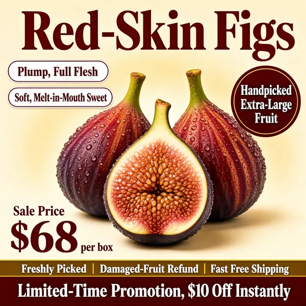 [Format]
Professional e-commerce product main image, square 1:1, warm artisan fruit promo style with serif display type on a soft cream ground.

[Colors]
Background is a smooth warm cream (#f2e4d4) with a gentle radial glow; headline type is deep maroon-red; claim pills are maroon-outlined white; a round corner stamp is maroon with cream text; the bottom band is maroon-brown with golden and white type. No frame border.

[Layout]
The large headline spans the top edge; two outlined claim pills stack on the left; a round stamp badge hugs the right edge; a trio of figs fills the centre and lower half with one halved fig front and centre; a price block sits bottom-left above a thin service strip and a full-width closing banner.

[Subject]
No people. Three plump red-purple figs with teardrop shapes and slender green stems, their skins streaked with crimson and beaded with fine water droplets; the front fig is halved to reveal glowing pink-amber flesh packed with tiny honeyed seeds, lit with soft warm studio light.

[Headline]
Top in very heavy maroon serif-flavoured display type: "Red-Skin Figs". Left pills: "Plump, Full Flesh" and "Soft, Melt-in-Mouth Sweet". Bottom left: "Sale Price" above a giant maroon "$68" with "per box" beside it. Service strip: "Freshly Picked | Damaged-Fruit Refund | Fast Free Shipping". Maroon banner in bold white: "Limited-Time Promotion, $10 Off Instantly".

[Badges]
On the right edge, a round maroon stamp with cream lettering in two lines: "Handpicked" and "Extra-Large Fruit".

[Mood]
Warm, honeyed and premium; blushing ripe figs on soft cream with rich maroon type and gentle gourmet charm.