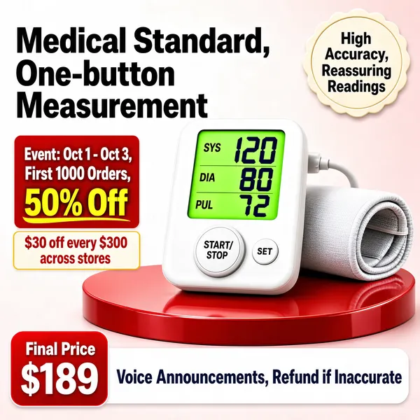 [Format]
Professional e-commerce product main image, square 1:1, bright clinical blood-pressure monitor display on a red crescent stage.

[Colors]
Background soft white-to-blush gradient with a glossy red crescent podium below, primary accent white monitor, secondary red promo card with yellow highlight, cream badge, navy display digits, No frame border.

[Layout]
Monitor hero center on the red crescent with its cuff curled behind-right; top-left two-line heading; left column holds a red event card and coupon strip; top-right cream quality badge; bottom band has a red price tag and a wide white strip with navy text.

[Subject]
A compact white automatic blood-pressure monitor with a wide green-backlit LCD showing systolic, diastolic and pulse readings, a large START/STOP button and a smaller setting button beside.

[Headline]
Black heading: "Medical Standard, One-button Measurement". Red card: "Event: Oct 1 - Oct 3, First 1000 Orders, 50% Off". Strip: "$30 off every $300 across stores". Badge: "High Accuracy, Reassuring Readings". Bottom: "Final Price $189" and "Voice Announcements, Refund if Inaccurate".

[Badges]
Event card, coupon strip, cream badge, bottom price and guarantee band.

[Mood]
Clean and trustworthy, effortless home health checks at a Double-11 value.