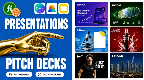 [Format]
Landscape 16:9 gig cover, hard split panel: a solid blue type panel on the left, a white slide-wall panel on the right. Bold poster finish with one glossy 3D object. No watermark, no personal names.

[Layout]
A clean vertical split at roughly 45% of the width with no gutter, the two fields butting directly. The left panel is flat strong azure blue and carries its own internal stack: a badge cluster in the top-left corner, a small row of three app tiles in the top-right corner, a two-line headline below, a large glossy 3D object floating mid-left, and two small white pill labels along the bottom edge. The right panel is pure white and completely filled by a two-column masonry of six landscape slide thumbnails, three stacked edge to edge in each column, both columns bleeding off the top and bottom of the frame with their contents cropped at the column edges, so they read as two continuous filmstrips rather than a grid.

[Subject]
No human subject. The hero object is a large photorealistic 3D hand, glossy mirror-gold, entering from the left edge at about mid-height with fingers extended and slightly curled as if pointing right, bright specular highlights and a soft contact shadow. It spans about a third of the left panel's height and stays entirely inside the blue field, stopping short of the split. Inside the thumbnails, small photographic content appears: a violet Stripe fintech page with handset mockups and a line chart, a dark-green NVIDIA technology page with a silicon wafer render and stat chips, a blue Pfizer clinical page with a microscope photograph, a crimson Coca-Cola beverage page with a bottle splash, a black Nike sportswear page with the bold white caps tagline 'JUST DO IT.' beside a generic athlete portrait, and a dark-blue Emaar property page with a night skyline.

[Headline]
Left panel, flush left, two lines of white uppercase grotesque in the same heavy weight: 'PRESENTATIONS' near the top and 'PITCH DECKS' near the bottom, with a tall gap between them where the gold hand floats. Both lines are wider than the panel and touch its edges. Along the bottom edge of the panel, two small white pills side by side, each with a thin white line icon on the left and small dark-blue uppercase copy: 'FAST DELIVERY' and '24/7 AVAILABILITY'. Inside the white panel, the six thumbnails carry small headings and legend labels in white or dark navy, legible only as texture.

[Badges]
Top left of the blue panel, the Fiverr badge - a mid-green circle holding the white 'fi' wordmark - overlapped at its lower right by a small orange 'Top Rated' rosette seal. Top right of the same panel, three rounded-square app tiles: the Canva tile, a teal-and-violet gradient circle with the white Canva script; the Figma tile, its stacked red-orange, purple, blue and green shapes; and the Google Slides tile, a yellow folded-corner page with a white rectangle inset. Each thumbnail in the white panel carries its client wordmark small in one corner: 'stripe', 'nvidia', 'Pfizer', 'Coca-Cola', 'Nike' and 'EMAAR'.

[Mood]
One flat azure field and one white field in a hard 45/55 split, joined by a single mirror-gold hand. Confident and portfolio-like; at thumbnail size the gold hand and the two stacked white headline words are the anchors.