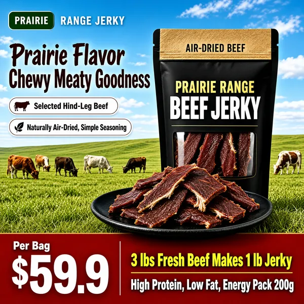 [Format]
Professional e-commerce product main image, square 1:1, rustic prairie snack style mixing open-range photography with bold promo bands.

[Colors]
The upper half is a bright prairie scene — clear blue sky with soft clouds above rolling green pasture (#6cb33f) dotted with grazing cattle; the pouch is matte black kraft with a kraft-brown band and gold-and-white lettering; the bottom banner is a warm brick-red (#c23b22) carrying white and yellow type; the headline is deep espresso brown. No frame border.

[Layout]
A small dark-green logo chip and a white logo line sit at the top-left; the two-line headline stacks on the upper left with two outlined claim pills beneath; the stand-up pouch stands centre-right with a black plate of jerky pieces in front; a full-width red band closes the bottom, splitting a price block on the left from claim lines on the right.

[Subject]
No people. A matte-black resealable stand-up pouch with a kraft-paper top band and bold gold-and-white branding, its clear window showing dark maroon jerky strips; in front, a black ceramic plate piled with torn air-dried beef strips revealing stringy fibres, glazed and lightly glistening.

[Headline]
Upper-left in deep brown brush-style type on two lines: "Prairie Flavor" and "Chewy Meaty Goodness". Two white outlined pills with small icons: "Selected Hind-Leg Beef" and "Naturally Air-Dried, Simple Seasoning". Red bottom band: "3 lbs Fresh Beef Makes 1 lb Jerky" in yellow above white caps "High Protein, Low Fat, Energy Pack 200g". Lower-left: "Per Bag" above a huge white "$59.9".

[Mood]
Hearty, natural and protein-packed; open-range freshness backing a rustic jerky hero.