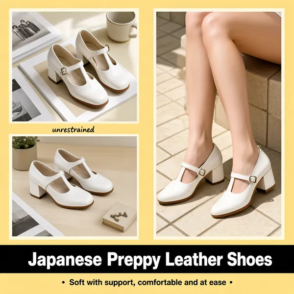 [Format]
Professional e-commerce product main image, square 1:1, soft Japanese preppy editorial style on a warm butter-yellow ground.

[Colors]
Warm butter-yellow #f2d98a background with a thin cream inner panel; white and grey photography tones; black type accents and small brown shoe-sole details; no frame border.

[Layout]
A photo collage: two stacked product photos on the left, one tall lifestyle photo filling the right side, a small handwritten word between them, and a black band across the bottom for the title with a caption line beneath.

[Subject]
Left photos: a pair of white T-strap block-heel Mary Jane shoes shown from above and at an angle on a desk with magazine pages and small props. Right photo: the fair-skinned crossed legs of a young white / Caucasian woman in bright tiled light, wearing the same white block heels, one shoe strapped, toes pointed elegantly.

[Headline]
Small black lowercase word "unrestrained" set between the left photos. On the bottom black band: "Japanese Preppy Leather Shoes" in heavy white caps; beneath the band a line of small black text "Soft with support, comfortable and at ease" flanked by middle dots.

[Mood]
Sweet, neat and youthful; buttery yellow framing crisp white shoes with collage storytelling and a gentle campus vibe.
