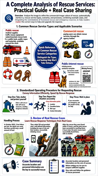 This infographic is titled "A Complete Analysis of Rescue Services: Practical Guide + Real Case Sharing." It aims to systematically explain the types of rescue services, their applicable scenarios, and the operating procedures, and through real cases to help the public master the correct ways to seek help and improve risk-response capability. The overall layout is clear, using a block structure divided into four main parts: "Overview," "1. Common Rescue Service Types and Applicable Scenarios," "2. Standardized Operating Procedure for Requesting Rescue," and "3. Review of Real Rescue Cases," supplemented with icons, illustrations, and explanatory text. The style is concise and clear, with rich visual elements and a color scheme based mainly on a gray-white background, with accent colors such as red, orange, and blue to highlight key content. **Overview Section**, located at the top, briefly states the purpose of the image: "Analyze the image to refine the commercial-image culture of rescue, systematically clarifying rescue service types, scenarios, and processes, combining example cases, and integrating the connotations of functional rescue and emergency response, to help [readers] master the correct ways to help and upgrade risk response." (Note: the original text contains obvious typographical errors, such as a garbled phrase that should be "brand image" or something similar, and another that may mean "the connotations of integrating functional rescue with emergency response"; the original text is preserved here.) **Part One: Common Rescue Service Types and Applicable Scenarios.** At the center is a circular title box reading "Quick Reference to Common Rescue Service Categories: Distinguish the Types, and Seeking Help Won't Take Detours." Three major categories radiate outward from the center: - **Public rescue**: includes icons of a fire truck (marked "119"), an ambulance (marked "120"), traffic cones, reflective vests, roadblocks, life rings, ropes, and drones, corresponding to "medical supplies," "traffic rescue equipment," and "water/mountain rescue tools," and noting "free public tools, public ropes and materials, available around the clock" (the original wording is unclear, possibly meaning "free public tools, public ropes and other materials, usable around the clock"). - **Commercial rescue**: includes icons of a tow truck, keys, a membership card, hiking boots, a backpack, and a compass, explaining that "paying users can obtain rescue services through the agency hotline." - **Public-interest rescue**: includes a Red Cross vest, a search-and-rescue dog, and a missing-person notice poster (marked "missing person assistance template," "sign up," and a QR code), explaining that "the business model of free rescue teams; assistance for adult incidents can be sought through the official account or emergency departments" (the original wording is confusing, possibly meaning "the business model of free rescue teams; help for adult incidents can be obtained through the official WeChat public account or emergency departments"). **Part Two: Standardized Operating Procedure for Requesting Rescue.** The title is "Convey Information Efficiently, Speed Up Rescue Response," divided into three steps arranged horizontally: - **Step One: Take shelter and protect yourself**: the icon is two green running figures; the text reads "Enter a safe area or take self-rescue measures, avoiding dangerous obstacles" (the original text is erroneous; it should read "enter a safe area or take self-rescue measures and avoid dangerous obstacles"). - **Step Two: Report the situation accurately**: the icon is a phone call; it lists "4 key information points": 1. Location; 2. Casualties/status; 3. Risk type; 4. Contact information (the original repeats the word for "contact" twice; it should be "contact details"). - **Step Three: Wait in place**: the icon is a person sitting and looking at a phone with signal ripples; the text reads "If you encounter an emergency, ask the people nearby for help" (the original is erroneous and should read "in case of emergency, please seek help from the people nearby"). **Part Three: Review of Real Rescue Cases.** The title is "Learn Rescue Response Techniques from Real Cases," with "Handling Process" and "Case Summary" below. - **Handling process**: on the left, survival supplies such as a map, compass, and dry rations are displayed, with the text: "In October 2023, 3 lost hikers got lost, the signal was weak, and they carried only a small amount of food" (the original contains multiple typos; it should read "in October 2023, three lost hikers lost their way in the mountains, the signal was weak, and they carried only a small amount of food"). In the middle, an illustration shows a climber rock-climbing while using a phone, with the explanation: "They called 110 and provided clear, well-defined information, including the type of risk and their location, successfully initiating rescue" (the original is erroneous and should read "they dialed 110, providing clear and unambiguous information including risk type and location, and successfully initiated rescue"). On the right, police cars, fire trucks, search-and-rescue dogs, and rescue teams are shown, with the text: "After the rescue they were found within 12 hours, and the joint rescue team succeeded in reaching them; 2 hours [later] the joint rescue team successfully found them, with no deaths" (the original is erroneous and should read "they were found by the rescue team within 12 hours, of which 2 hours involved the joint rescue team successfully carrying out the rescue; no one died"). - **Case summary**: on the left is a megaphone icon, with the text: "Accurate location and personnel information are the key to successful rescue" (the original is erroneous). On the right is a clipboard icon listing three bullet points with checkboxes: - Accurate location and personnel information are the core of success - Before setting out, be sure to