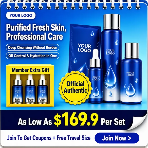 [Format]
Professional e-commerce product main image, square 1:1, fresh blue skincare promo styled as a spiral notebook page.

[Colors]
A vivid blue gradient (#2f80d9 to #5aa7f0) with a white spiral-bound notebook edge across the top and a white curled page corner at the bottom right; white headline type; royal-blue packaging with silver caps; a yellow seal badge and yellow member box; a dark navy band plus a white band along the bottom.

[Layout]
The spiral binding runs across the top edge; the headline and claim pills fill the upper left; a yellow member-gift box sits mid-left; the product cluster occupies the right two-thirds with a yellow seal overlapping it; the bottom carries a navy price band and a white membership strip.

[Subject]
No people. A blue-and-white skincare collection: a sheet-mask packet printed with the brand mark, a slim blue essence dropper bottle, a tall blue toner bottle and a blue lotion bottle, all with silver caps and water-drop motifs, arranged on the notebook page.

[Headline]
"Purified Fresh Skin, Professional Care" in heavy white over two lines. White-outlined pills: "Deep Cleansing Without Burden" and "Oil Control & Hydration In One". Yellow box: "Member Extra Gift" with three mini bottles labelled "Limited 20 Sets" and "3 Essence Bottles". Navy band: "As Low As $169.9 Per Set" with "$169.9" huge in yellow. White strip: "Join To Get Coupons + Free Travel Size" with a blue pill "Join Now >".

[Badges]
A yellow scalloped seal reading "Official Authentic"; a white placeholder pill "YOUR LOGO" at the top-left.

[Mood]
Crisp, hydrated and membership-driven; bright blue freshness with notebook charm.