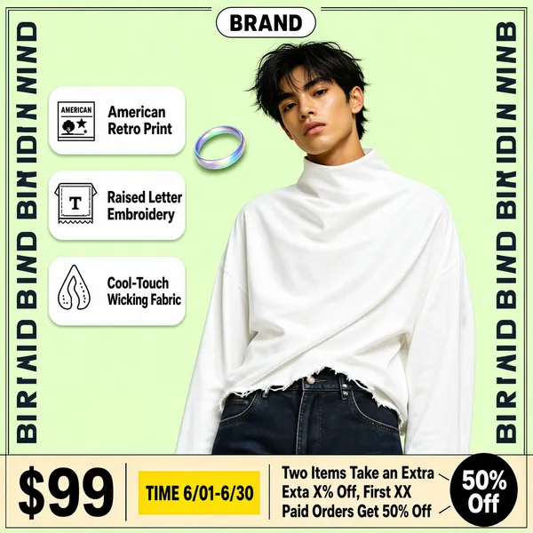 [Format] Professional e-commerce product main image, square 1:1, fresh fashion editorial poster with playful graphic framing. [Colors] Soft lime-mint background (#d8ecc0 range) inside a thin outlined box; the vertical borders repeat a dark brand wordmark in capital letters; black icon chips, warm beige portrait tones, a small iridescent ring accent, yellow and black promo chips at the base. [Layout] A logo pill sits top-center. The model portrait fills the center-right. Three white claim chips with black icons stack along the upper left. A beige strip along the bottom carries a price figure on the left, a yellow date tag in the middle, and a discount statement on the right ending in a solid black circle badge. [Subject] A young male model with tousled dark hair wearing an oversized white high-neck shirt with layered draping and raw hem details, paired with dark denim, photographed from the thighs up against the pale backdrop. [Headline] The bottom strip shows an estimated price of $99 at the left in oversized black numerals, a yellow tag reading TIME 6/01-6/30, and the statement Two Items Take an Extra XX% Off, First XX Paid Orders Get 50% Off with a black round badge marked 50% Off at its end. [Badges] The three white chips with line icons read American Retro Print, Raised Letter Embroidery and Cool-Touch Wicking Fabric. [Mood] Breezy, youthful and trendy, a limited-season drop mixing graphic pop with editorial calm.