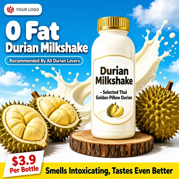 [Format]
Professional e-commerce product main image, square 1:1, fresh creamy beverage-ad style with a sunny sky backdrop, playful bold type and juicy fruit props.

[Colors]
Sky-blue upper field (#9ed8f5 range) with soft white clouds; clean white lower area; golden-yellow accents (#e8a020) on cap, band and price; milky-white splash highlights. No frame border.

[Layout]
A small white logo chip sits top-left; the headline block occupies the upper-left; the bottle stands centre-right on a rustic wood slice; cut durian halves and a milk splash fill the lower corners; a yellow strip runs along the very bottom with a white price tag at bottom-left.

[Subject]
Centre-right: a white plastic milkshake bottle with a shiny gold screw cap, its label reading "Durian Milkshake - Selected Thai Golden Pillow Durian"; fresh durian halves with creamy yellow flesh lean in at the lower left, a whole spiky durian sits at the right, and a dynamic milk splash arcs behind the bottle.

[Headline]
Upper-left, two stacked lines in fat white rounded display type: "0 Fat" and "Durian Milkshake"; beneath it a white outlined pill: "Recommended By All Durian Lovers"; along the bottom yellow band, bold dark text: "Smells Intoxicating, Tastes Even Better"; bottom-left white tag with red text: "$3.9 Per Bottle".

[Badges]
Top-left rounded white chip with a small red logo mark and "YOUR LOGO" in grey caps.

[Mood]
Sweet, summery and indulgent; airy blue sky with creamy white and golden durian tones under chunky friendly type.