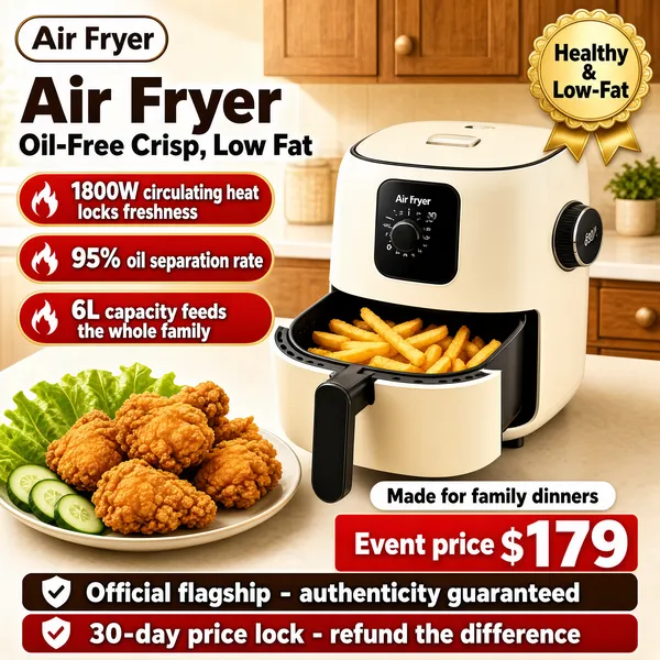 [Format]
Professional e-commerce product main image, square 1:1, appetizing family-kitchen appliance promo.

[Colors]
Warm beige kitchen backdrop with wooden cabinets; cream appliance with black accents; golden fries and fried chicken; red check pills with flame icons; red price accents. No frame border.

[Layout]
Logo pill top-left; the two-line title occupies the upper-left with three red check pills stacked beneath; the air fryer stands right of center with its basket open; a plate of fried chicken and fresh vegetables sits at lower left; a gold corner badge tops the right; price and service bars close the bottom.

[Subject]
No people. A cream-white rounded air fryer with a black handle and a side dial, drawer open showing golden french fries in the basket; a plate of crispy fried chicken with lettuce and cucumber beside it on a pale counter.

[Headline]
Dark brown heavy display: "Air Fryer" over "Oil-Free Crisp, Low Fat"; red pills with flame icons: "1800W circulating heat locks freshness", "95% oil separation rate", "6L capacity feeds the whole family".

[Badges]
Gold corner rosette: "Healthy & Low-Fat"; bottom bars: "Official flagship - authenticity guaranteed" and "30-day price lock - refund the difference"; red price block: "Event price $179"; white caps: "Made for family dinners".

[Mood]
Warm, family-friendly and appetite-driven; cream and gold tones with hearty food and deal badges.