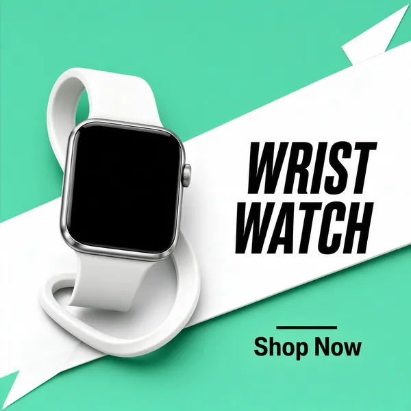 [Format]
Professional e-commerce product main image, square 1:1, minimal tech-render style on a flat mint field with one sharp diagonal white ribbon and a floating smartwatch.

[Colors]
Flat mint-teal background (#3ed6b5 range) with two white diagonal bands cutting across; a pure white watch strap and glossy black watch face; heavy black display type. No frame border.

[Layout]
A wide white diagonal ribbon crosses the middle from left to right with a kinked paper-fold edge; the watch overlaps it at the left-centre; the headline and link sit on the right third of the ribbon; small notch shapes echo the diagonal in the top-right and bottom-left corners.

[Subject]
Centre-left: a modern square-faced smart watch with a white sport strap looping in a relaxed S-curve, a dark blank screen and a silver frame, floating in clean 3D render style. No people.

[Headline]
On the white band, right-aligned: "WRIST" over "WATCH" in heavy black italic condensed caps; beneath the band a short black underline and "Shop Now" in black semibold sans.

[Mood]
Clean, modern and minimal-tech; one confident mint field, a sharp diagonal composition and product-forward rendering.