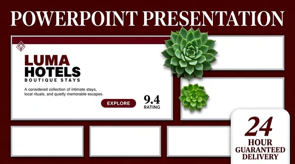 [Format]
Landscape 16:9 gig cover, flat template-showcase collage of slide mockups on a solid colour field, crisp vector-grade mockups with soft drop shadows. Studio flat-lay finish, no grain. No watermark, no personal names.

[Layout]
A deep berry-maroon field fills the whole frame. A single line of large display type runs across the top fifth, edge to edge. Beneath it a dense collage of six slide mockups occupies the middle and lower two-thirds: one large landscape mockup at the top-left showing a title slide, one narrow mockup at the top-right, a second mid-right mockup set slightly lower, and three small landscape mockups in an even row along the bottom. Every mockup is a white slide with a thin grey hairline border, laid parallel with no tilt, separated by even maroon gutters so the layout reads as a deliberate grid rather than a scatter. A white rounded-top tab shape rises from the bottom-right corner and overlaps the collage. Two photographic succulent plants sit on top of the mockups as flat cut-outs, one large at the upper-right of centre and one smaller at the left of the mid-right mockup, each casting a tight soft shadow.

[Subject]
None - no human figure anywhere on the cover. The only organic elements are the two green succulent plants described in the layout, treated as decorative cut-outs.

[Headline]
Top line: POWERPOINT PRESENTATION set in a high-contrast display serif, all caps, white, generously letterspaced, spanning nearly the full frame width and reading as the single largest element. Inside the large top-left mockup: a two-word all-caps placeholder hotel wordmark in heavy condensed caps, first word deep maroon and second word near-black, with a much smaller letterspaced caps subtitle line under it; a short grey body paragraph follows; a small solid maroon rounded pill button sits at the lower right of that copy block with tiny white caps text, and a large numeral with a small rating label sits to its right. Inside the bottom-right tab: a big slanted maroon serif numeral pair (a number and a unit) with two lines of bold maroon serif caps beneath it.

[Badges]
The white rounded-top tab in the bottom-right corner, roughly one fifth of the frame width, carries the numeral and guaranteed-delivery caps copy described above. A tiny outlined diamond glyph heads the maroon strip inside the top-left mockup. No third-party brand marks, no rating stars or seals beyond the small rating figure inside the mockup.

[Mood]
Rich oxblood maroon and off-white with saturated green accents from the plants; premium, editorial, boutique-studio calm. At thumbnail size the wide white headline and the two bright plant shapes read first, then the checkerboard of white slide cards floats up out of the maroon.
