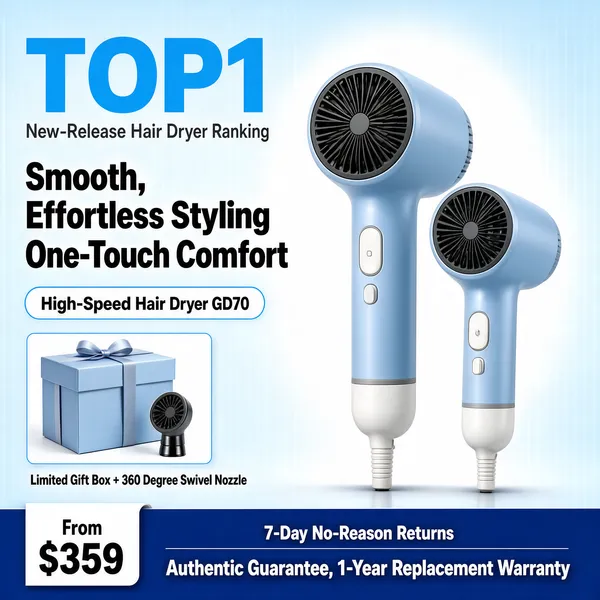 [Format]
Professional e-commerce product main image, square 1:1, fresh pastel-tech appliance advertising style with a light blue gradient and twin product heroes.

[Colors]
A pale ice-blue gradient background (#d9ecf5 range) with a soft white glow behind the products and a deep blue bottom band. Accents are powder blue, pearl white and charcoal. No frame border.

[Layout]
Two powder-blue hair dryers stand upright on the right, one taller behind and one smaller in front. The left column carries huge ranking caps, a ranking sub-line, the two-line title, a pill tag and a small inset gift-box image. The bottom band carries returns and warranty copy.

[Subject]
No people. Two compact hair dryers with powder-blue cylindrical bodies, dark charcoal intake grilles, white handles with control buttons and grey accent rings, arranged back-to-front above a thin shadow line.

[Headline]
Left: "TOP1" in enormous sky-blue heavy caps, with small grey text "New-Release Hair Dryer Ranking" beneath. Then "Smooth, Effortless Styling" in very heavy charcoal caps, then "One-Touch Comfort" in equally heavy caps. A white-outlined pill: "High-Speed Hair Dryer GD70". Below, a small inset photo of a gift box with a nozzle attachment, captioned "Limited Gift Box + 360 Degree Swivel Nozzle". Bottom: a blue band with small white text "7-Day No-Reason Returns" above bold white "Authentic Guarantee, 1-Year Replacement Warranty"; a white tab at the left shows "From $359" in dark numerals.

[Mood]
Light, airy and confident; pastel-blue freshness with tidy retail structure.
