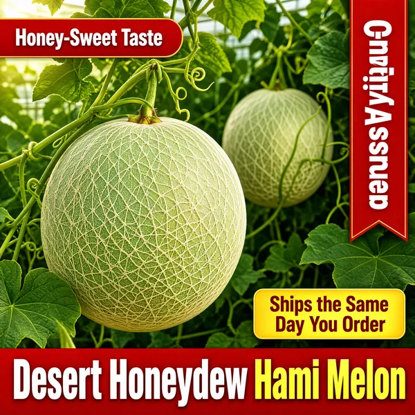 [Format] Professional e-commerce product main image, square 1:1, farm-fresh fruit photograph with bold red promo type. [Colors] Natural greenhouse greens and vine tones behind the fruit; netted pale-green melon skin (#cfd8b8 range); saturated red ribbon and headline (#d0342c); golden-yellow banner chips. Warm daylight filters through the leaves, giving the netting a crisp edible texture. No frame border. [Layout] A red ribbon chip with white text sits top-left, a red vertical banner hangs top-right. The hero melon hangs on its vine at center-left with a second melon blurred behind. A yellow banner chip sits lower-right, and a full-width red headline band anchors the bottom edge. [Subject] A large round hami melon with fine cream-colored netting over green skin, still hanging from its leafy vine inside a sunlit greenhouse, a second melon soft in the background among the leaves. [Headline] The bottom red band blazes across in huge white-and-gold type: Desert Honeydew Hami Melon. [Badges] The top-left chip promises a Honey-Sweet Taste and the top-right vertical ribbon guarantees Quality Assured. A yellow chip near the bottom reads Ships the Same Day You Order. [Mood] Juicy, sun-ripened and straight-from-the-farm, carrying the confident red of a harvest-season bestseller.
