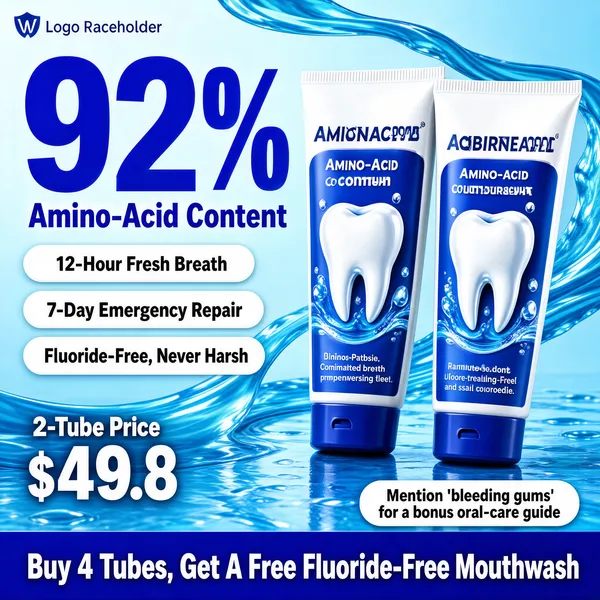 [Format]
Professional e-commerce product main image, square 1:1, cool blue oral-care promo with glossy fluid swirls.

[Colors]
Light blue background in the #a9d7f0 range with sweeping glossy water ribbons, white tubes with blue labels, one enormous royal-blue percentage display, white claim pills and a blue footer band; no frame border.

[Layout]
A logo placeholder sits top-left; the giant percentage and its label hold the upper-left with three white claim pills stacked beneath; two toothpaste tubes lean centre-right; a small price block sits lower-left; a blue band runs along the bottom with a note pill above its right end.

[Subject]
Centre-right: two standing toothpaste tubes in white and blue with a glossy 3D tooth illustration and small caps on the labels, leaning slightly toward each other on the wet-looking blue set with a soft reflection.

[Headline]
Upper-left: "92%" in enormous royal-blue numerals with "Amino-Acid Content" in heavy blue beneath; white pills with dark text: "12-Hour Fresh Breath", "7-Day Emergency Repair", "Fluoride-Free, Never Harsh"; lower-left: "2-Tube Price" over "$49.8" in big white numerals; blue note pill: "Mention 'bleeding gums' for a bonus oral-care guide"; the bottom band reads "Buy 4 Tubes, Get A Free Fluoride-Free Mouthwash" in bold white.

[Mood]
Fresh, dentist-clean and numeric; watery blues with confident stat-led typography.