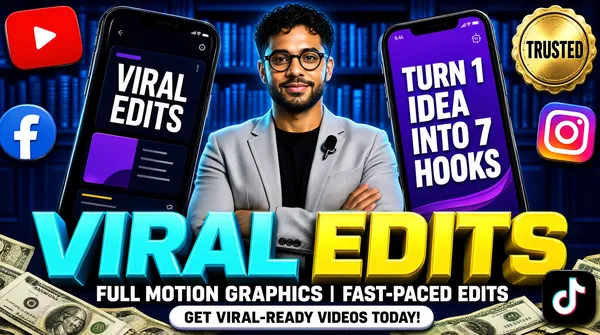 [Format]
Landscape 16:9 gig cover, hyper-real 3D-rendered promo style with glossy tilted smartphone mockups, saturated display typography and floating 3D app icons. Polished commercial finish, crisp studio lighting. No watermark, no personal names.

[Layout]
A man stands dead center, waist-up, slightly overlapping the bottom headline. Behind him a blurred blue-toned library/office backdrop with bookshelves. Two large smartphone mockups flank him, one tilted left at mid-left and one tilted right at mid-right, each about half the frame height, angled inward, floating in front of the backdrop. The lower third is dominated by a huge two-word headline spanning nearly the full width, with a pile of scattered banknotes along the bottom edge beneath it. Four 3D glossy app icons float at the corners — top-left, mid-left edge, right edge and bottom-right — partially cropped by the frame. A scalloped gold trust seal sits in the top-right corner.

[Subject]
A man in his late twenties, short dark curly hair, round dark-rimmed glasses, neatly trimmed beard, wearing a light grey blazer over a black crew-neck t-shirt with a small lapel mic clipped on, arms folded low, calm confident expression looking straight at the camera, evenly lit by soft blue-white key light.

[Headline]
Reading order: (1) inside the left phone mockup, white caps title text over a dark card UI with a purple graphic; (2) inside the right phone, bold white caps "TURN 1 IDEA INTO 7 HOOKS" over a purple banner; (3) dominant bottom headline "VIRAL" in huge cyan 3D extruded caps and "EDITS" in huge yellow 3D caps, both filling the lower third; (4) subline "FULL MOTION GRAPHICS | FAST-PACED EDITS" in bold white caps; (5) a white rounded pill at the very bottom with dark caps "GET VIRAL-READY VIDEOS TODAY!".

[Badges]
Top-right: a scalloped gold circular seal badge with tiny dark text. Four glossy 3D social-app icons: a red rounded-square YouTube tile with a white play triangle (top-left, cropped), a blue circular Facebook “f” tile (left edge), a purple-pink-orange gradient Instagram camera tile (right edge), and a black TikTok music-note tile (bottom-right).

[Mood]
Electric blue environment with neon cyan and yellow type pops, money-and-momentum energy, glossy virality. At thumbnail size the cyan/yellow headline and the centered face carry the whole composition.