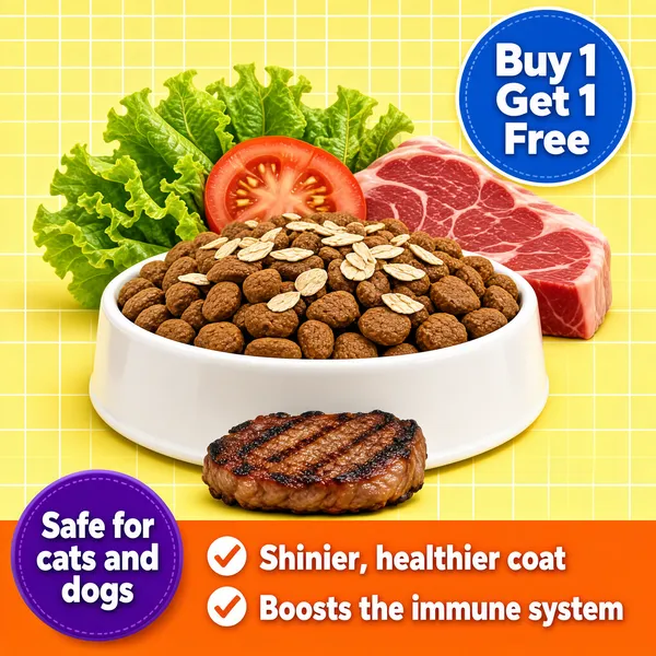 [Format]
Professional e-commerce product main image, square 1:1, bright pet-food promo with a cheerful yellow palette and a kibble bowl hero.

[Colors]
Background soft lemon-yellow (#f5e27a range) with a subtle white grid pattern. A blue circle badge and a purple circle badge; an orange bottom band. Brown kibble, red tomatoes, green lettuce and a raw steak garnish. No frame border.

[Layout]
The top-right holds a blue badge reading Buy 1 Get 1 Free. The centre shows a white bowl piled with kibble, with fresh tomatoes, lettuce and raw beef arranged behind it. The bottom band pairs a purple round tag on the left with an orange strip on the right carrying two benefit lines.

[Subject]
No people. A white ceramic bowl overflowing with brown kibble pieces topped with oat flakes; behind it fresh lettuce, sliced tomatoes and a cut of raw beef; a small grilled steak garnish sits in front; bright even lighting throughout.

[Headline]
Blue badge: "Buy 1 Get 1 Free" in white. Bottom-left purple tag: "Safe for cats and dogs". Orange strip: "Shinier, healthier coat" and "Boosts the immune system", each with a small check icon.

[Mood]
Sunny, wholesome and appetite-appealing; warm yellows with fresh-food colour pops, pet-loving and trustworthy.