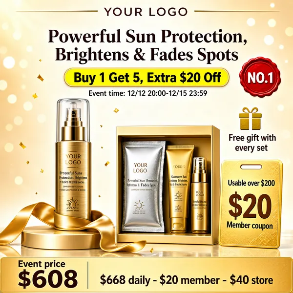 [Format]
Professional e-commerce product main image, square 1:1, luxurious warm-gold sunscreen advertising style with soft bokeh light spots and satin ribbon details.

[Colors]
Background a warm champagne beige (#e8d9c0 range) glowing toward cream, golden bottle and packaging accents, bronze, brown and white type, one red seal stamp; No frame border.

[Layout]
A logo strip across the top with a "YOUR LOGO" mark; headline centred near the top; a yellow coupon pill beneath it with a small event-time line; the tall spray bottle standing left of centre on a reflective floor with a flowing gold ribbon; the gift-set trio and a large coupon card at the lower right.

[Subject]
No people. A slim brushed-gold pump spray bottle with a transparent over-cap standing on a champagne podium, curled gold satin ribbon around the base, drifting golden light flecks and sparkles in the air. To the right, a boxed gift trio: a flat silver sachet, a golden tube and a golden pump bottle presented as a bundled set.

[Headline]
Centred top in deep bronze caps: "Powerful Sun Protection, Brightens & Fades Spots". Gold-outlined yellow pill: "Buy 1 Get 5, Extra $20 Off". Small grey line: "Event time: 12/12 20:00-12/15 23:59". A red stamp circle reading "NO.1". Right side: a gift glyph with "Free gift with every set". Gold coupon card: "Usable over $200" small, "$20" huge, "Member coupon" beneath.

[Badges]
Bottom price strip: "Event price" small, "$608" big, then "$668 daily - $20 member - $40 store" as a small equation.

[Mood]
Premium, sunlit and indulgent; champagne gold with glowing bokeh, whispering high-end skincare value.