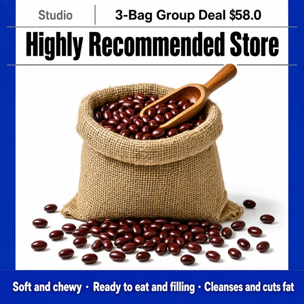 [Format]
Professional e-commerce product main image, square 1:1, bright food-promo style with deep blue side bands and a clean white centre panel.

[Colors]
White #ffffff centre panel framed by solid cobalt-blue #1d3fd0 bands on the left, right and bottom; dark red-brown beans as the warm accent; thin grey divider lines in the header; no frame border beyond the blue bands.

[Layout]
A white header strip across the top with a small divider line between two text blocks; the hero sack centred in the middle on a seamless white sweep; a full-width blue band along the bottom carrying three benefit phrases separated by spacing.

[Subject]
A small burlap sack filled to the brim with glossy dark-red adzuki beans, a smooth wooden scoop resting in the beans at the top, more beans scattered loosely across the white surface in front of the sack; soft natural studio light with a gentle shadow.

[Headline]
Top strip, left to right: small grey text "Studio" with a vertical divider, then "3-Bag Group Deal $58.0" in grey; below it "Highly Recommended Store" in very heavy black caps. Bottom blue band in bold white: "Soft and chewy · Ready to eat and filling · Cleanses and cuts fat".

[Mood]
Wholesome, appetizing and direct; rustic burlap texture and scattered beans against a crisp blue-and-white frame with clear group-deal messaging.